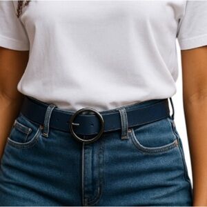 Wide Black Vegan Leather Belt Pewter Toned Round Buckle As Is Size M